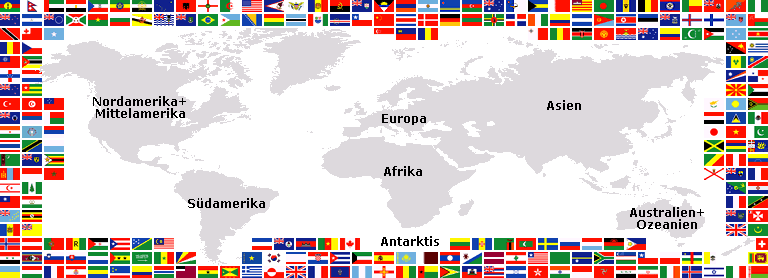 Weltkarte mit Nordamerika, Mittelamerika, Südamerika, Europa, Asien, Afrika, Ozeanien und Australien